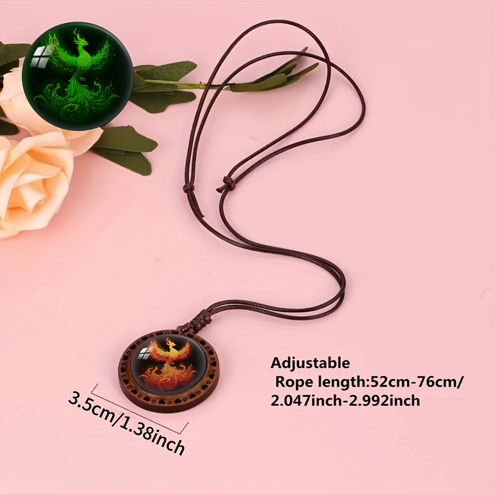 Glowing Fire Phoenix Wooden Pendant Necklace